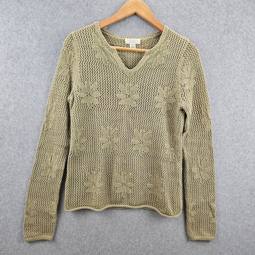 CHRISTOPHER & BANKS Sweater Women S Tan Open Knit Ramie Cotton Floral Boho Chic